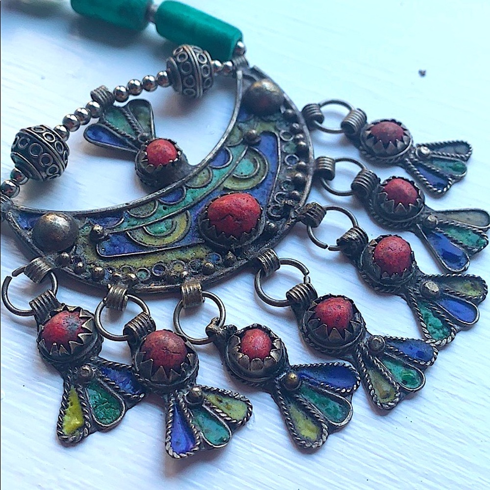 Raw Turquoise & Coral Silver Statement Necklace